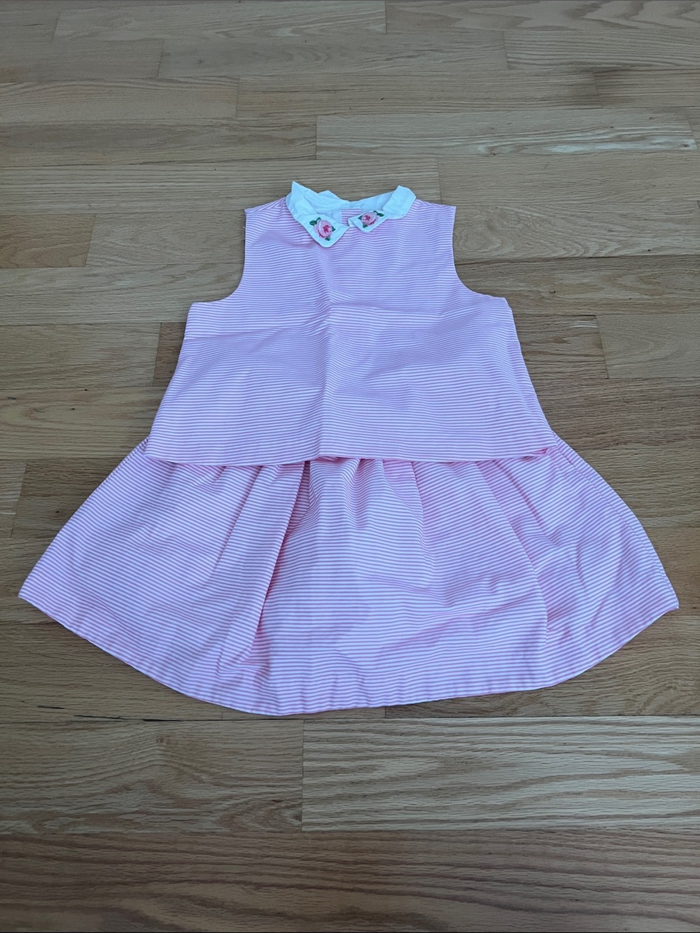 Kids Sleeveless Pink & White Striped Top with Embroidered Collar